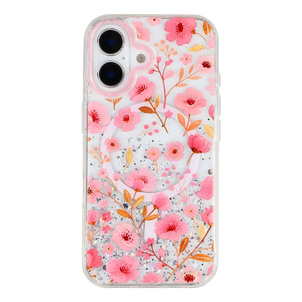 For iPhone 16 Magnetic Case Glitter Epoxy PC + TPU Floral Aesthetic Phone Cover - Pink Peach Blossoms - 2