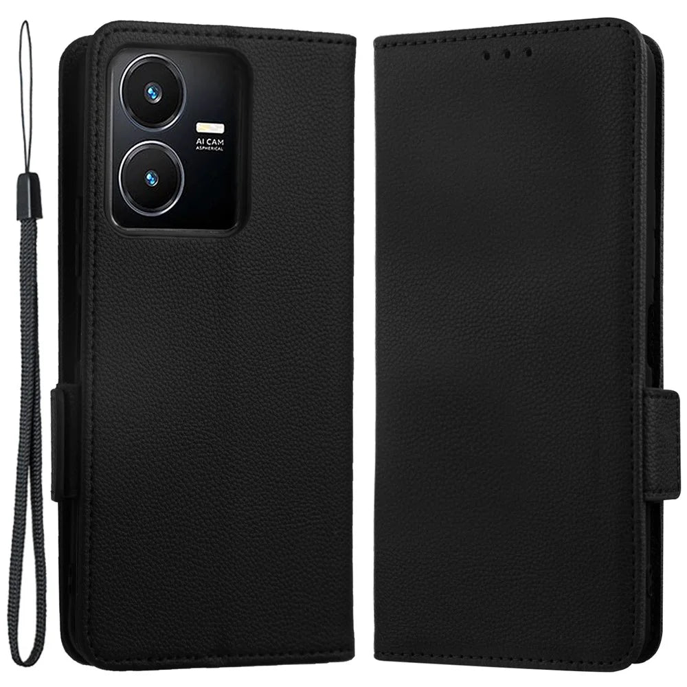 For vivo Y22 4G / Y22s 4G / Y35 4G (2022) Magnetic Phone Cover Litchi Texture Wallet Adjustable Stand PU Leather Flip Phone Case with Strap - Black - 1