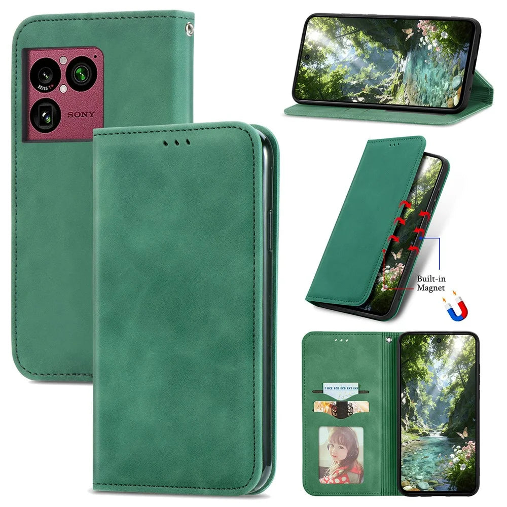 For Sony Xperia 1 VIII Leather Case with Card Holder Magnetic Absorption Phone Cover - Green - 1