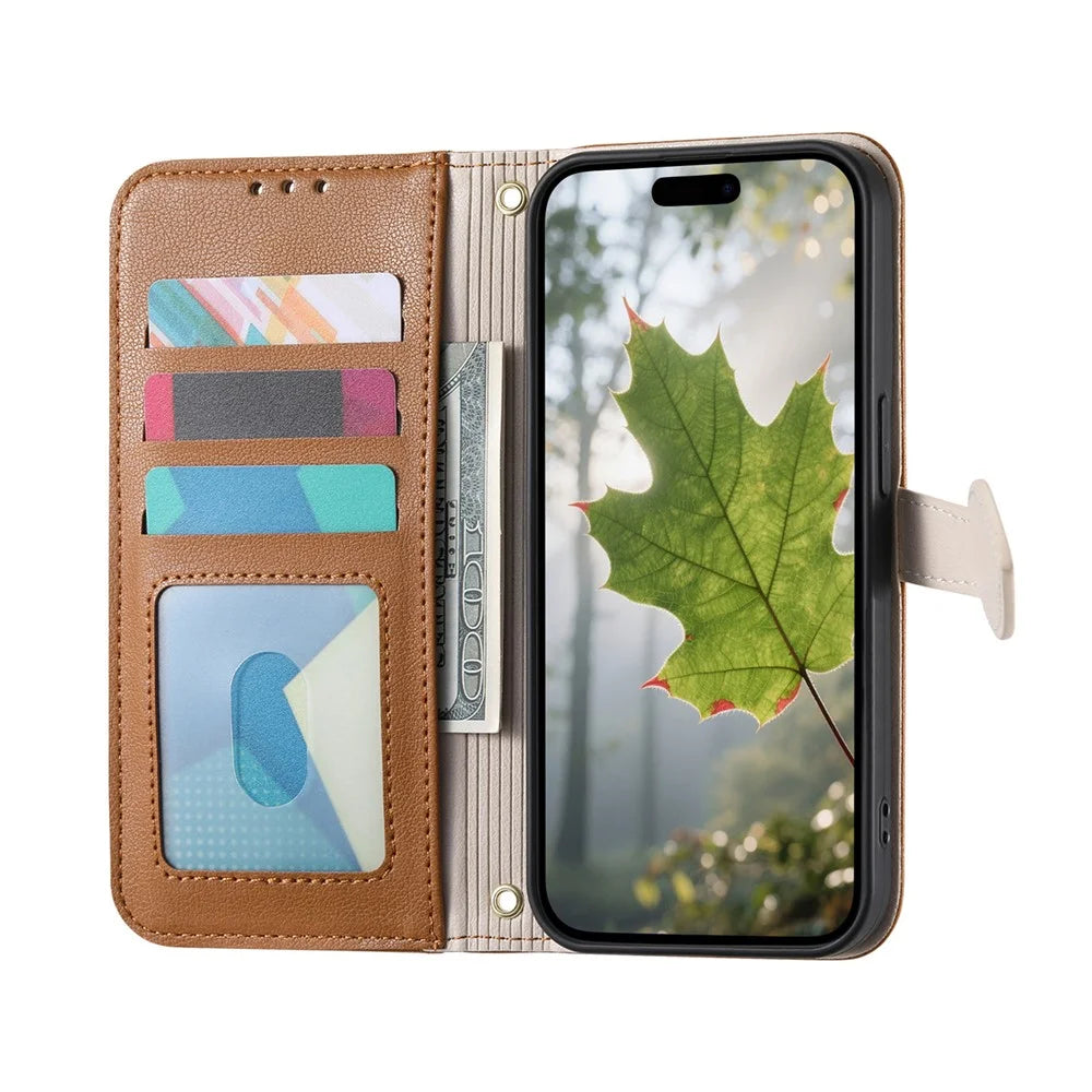 For Sony Xperia 1 VIII Stand Case Leaf Shape Magnetic Clasp Leather Phone Cover with Hand Strap - Brown - 2