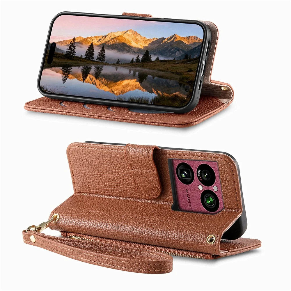 For Sony Xperia 1 VIII Case Zipper Pocket TPU PU Leather Wallet Phone Cover with Strap - Brown - 2