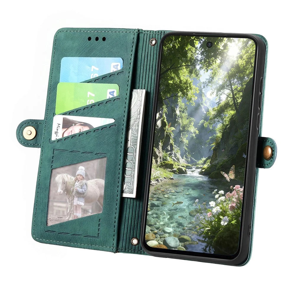For Sony Xperia 1 VIII Case Zipper Wallet Geometry Lines Leather Phone Cover with Strap - Green - 2