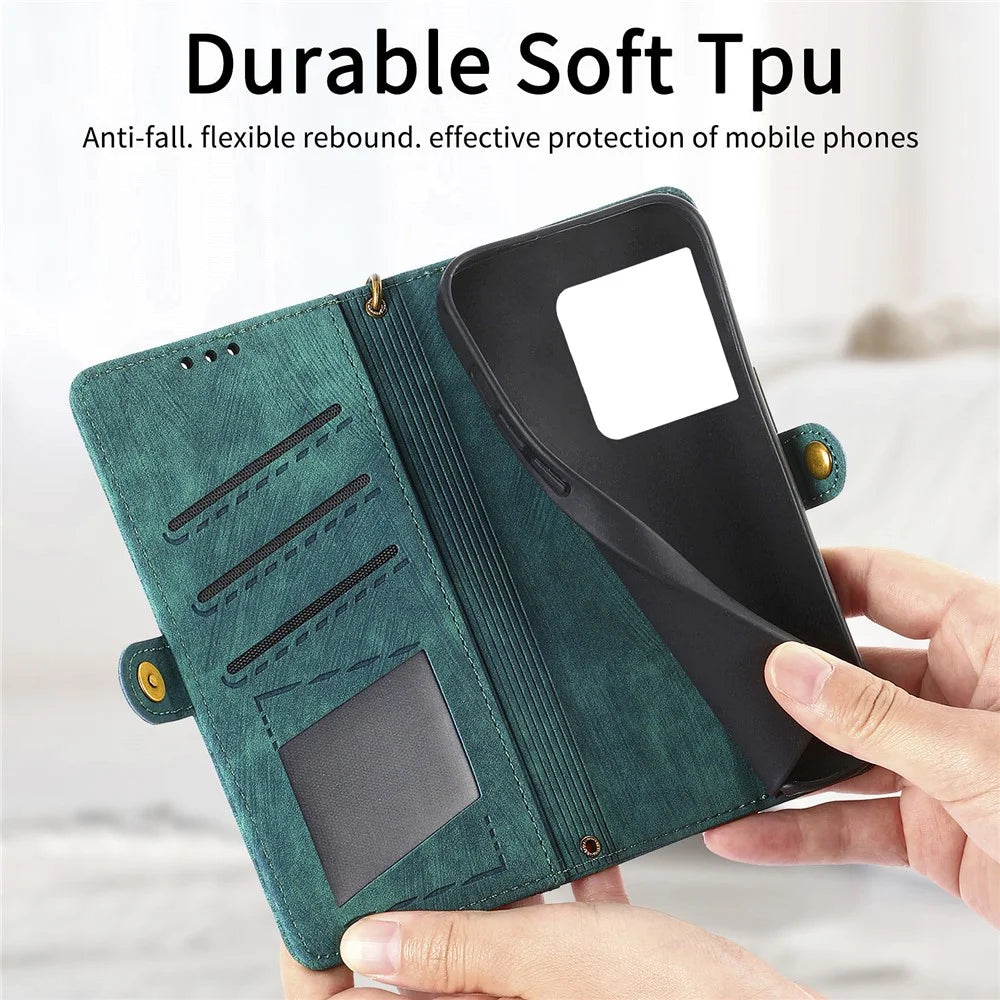 For Sony Xperia 1 VIII Case Zipper Wallet Geometry Lines Leather Phone Cover with Strap - Green - 4