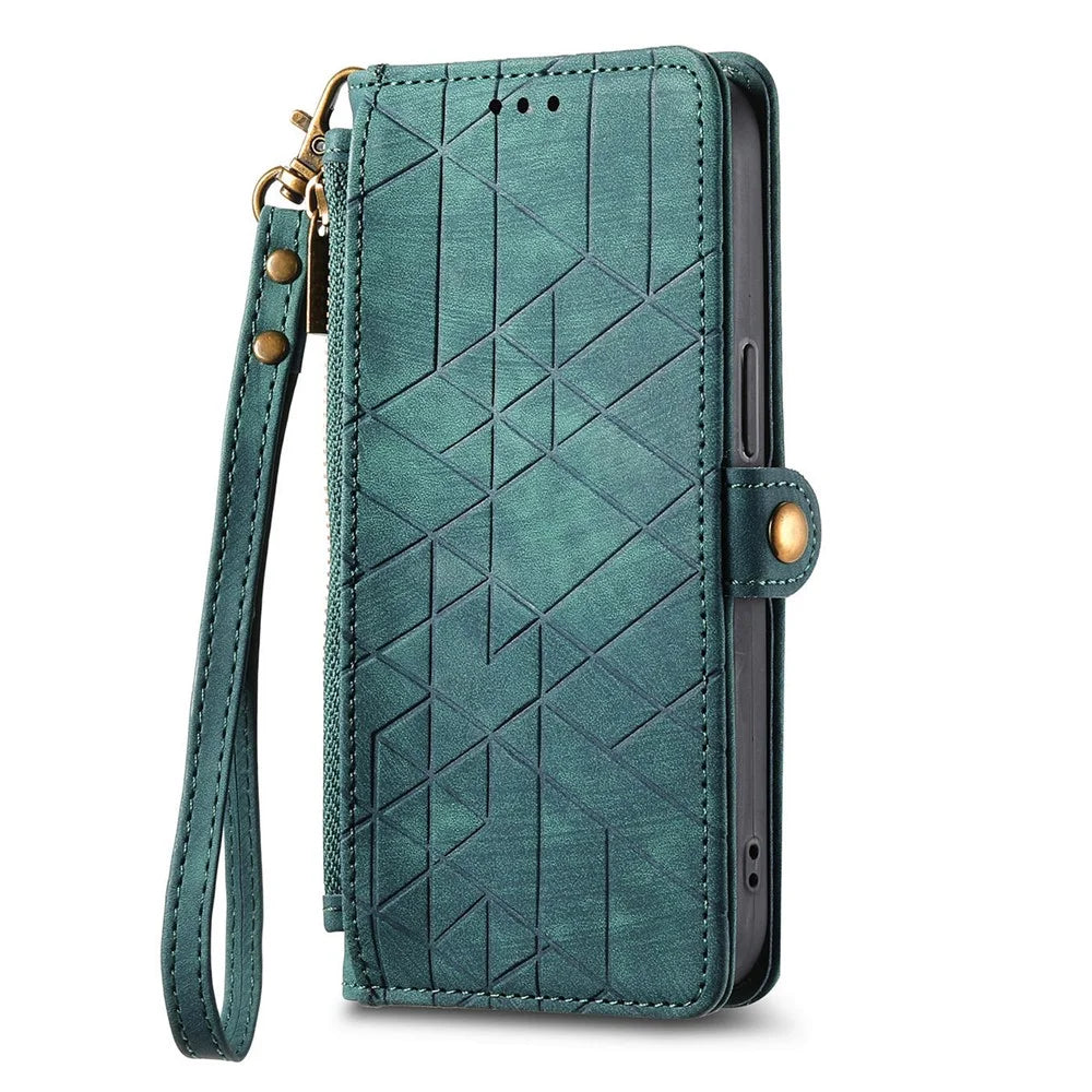 For Sony Xperia 1 VIII Case Zipper Wallet Geometry Lines Leather Phone Cover with Strap - Green - 6