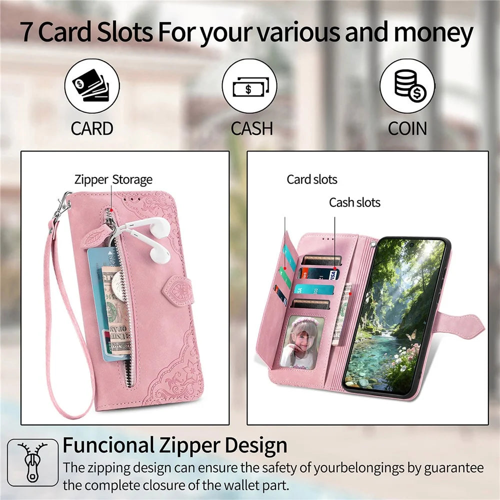 For Sony Xperia 1 VIII Zipper Wallet Case with Strap Flower Imprint PU Leather Phone Cover - Pink - 5