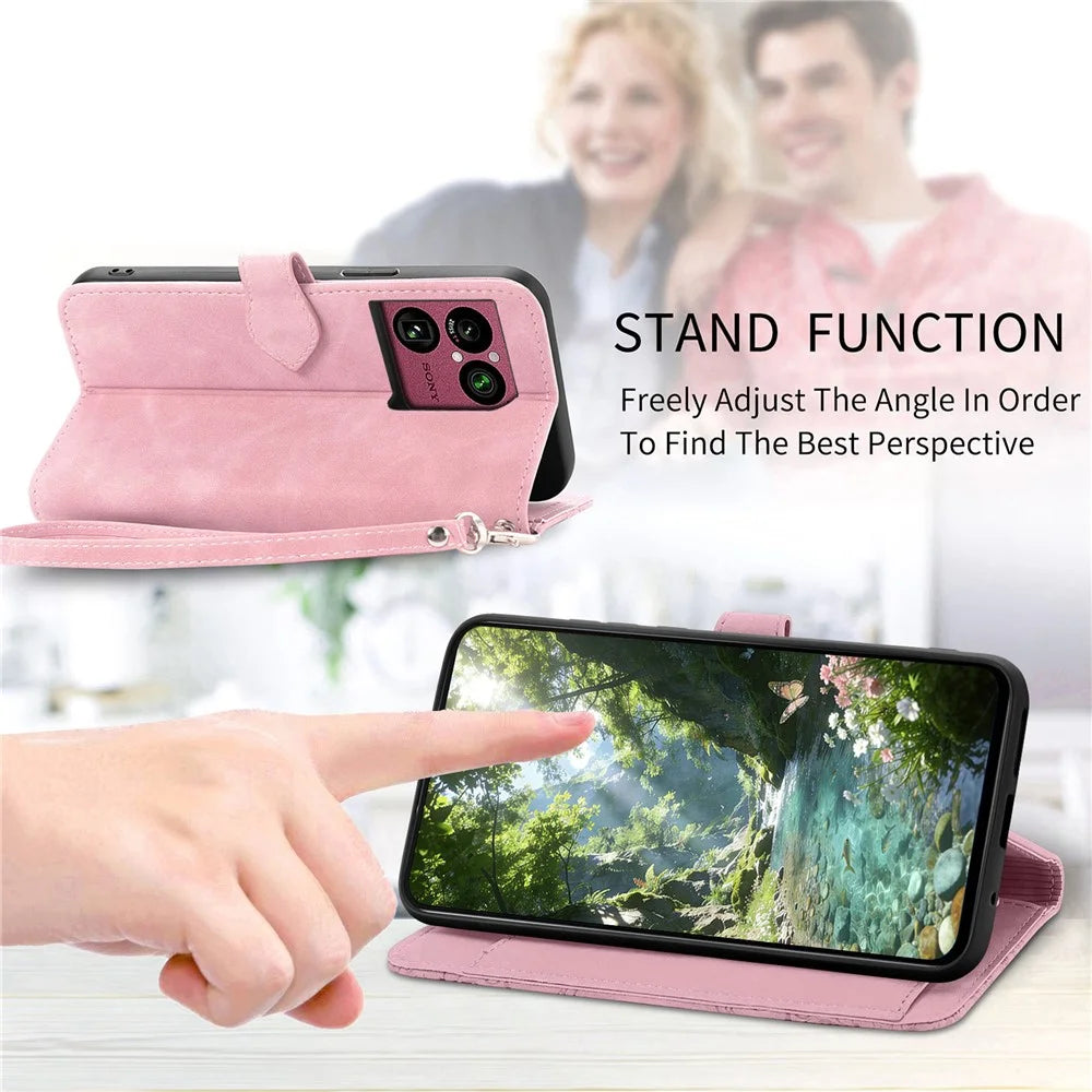 For Sony Xperia 1 VIII Zipper Wallet Case with Strap Flower Imprint PU Leather Phone Cover - Pink - 6
