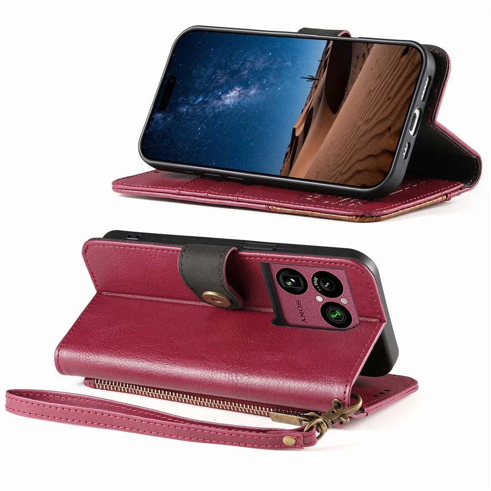 For Sony Xperia 1 VIII Case Color Splicing TPU PU Leather Flip Shockproof Phone Cover with Wrist Strap - Red - 2