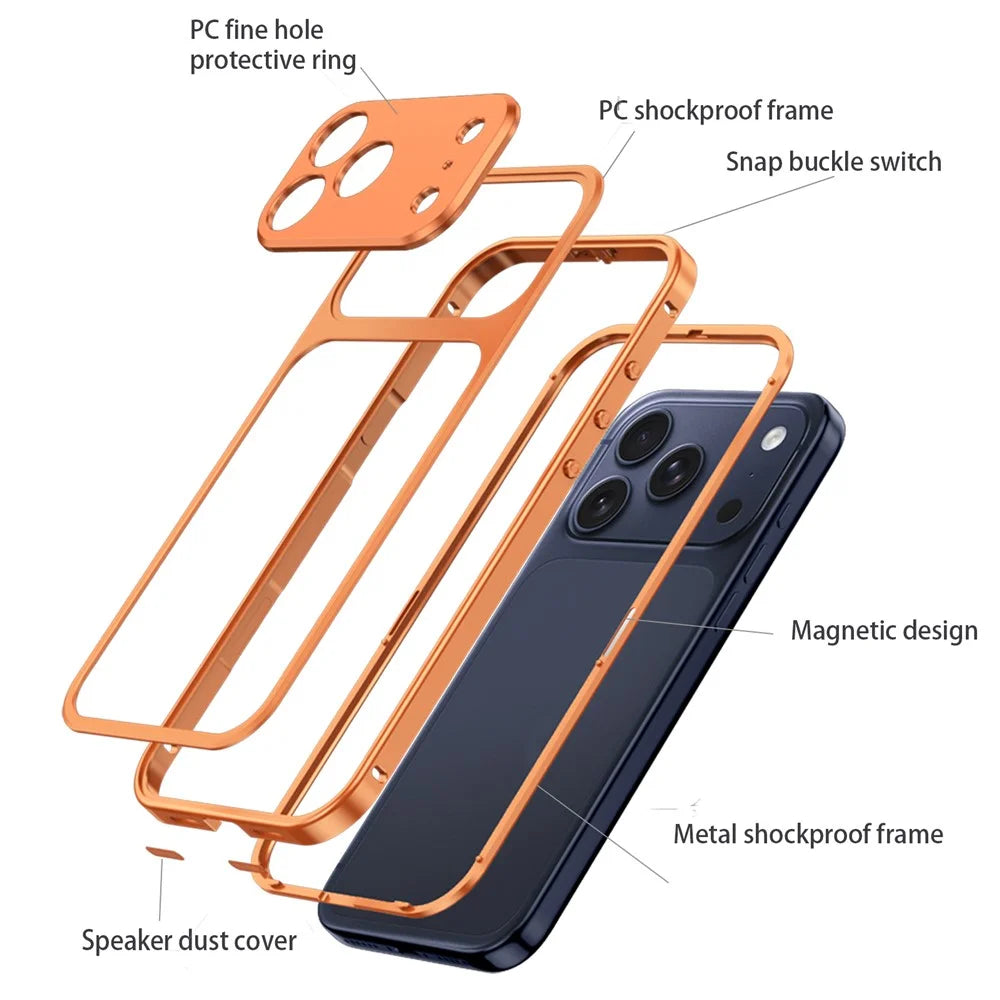 For iPhone 18 Pro Max / 17 Pro Max Metal Frame Case Magnetic Snap On Frame PC Hollow Back Heat Dissipation Shockproof Cover - Titanium Orange - 2