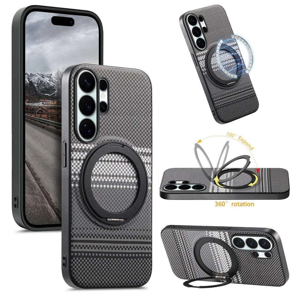 For Samsung Galaxy S25 Ultra Magnetic Case Rotation Kickstand PU Leather + TPU Phone Cover - Black - 1