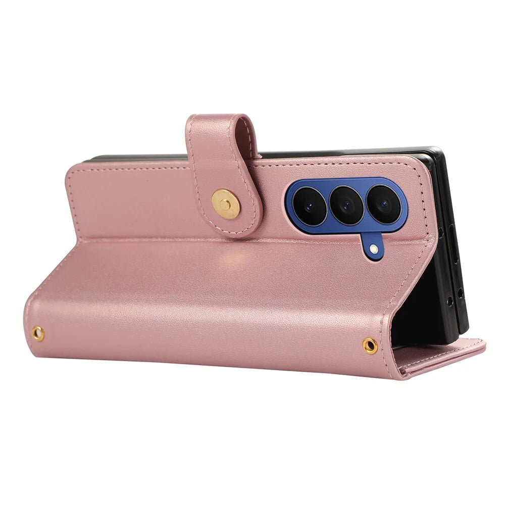 For Samsung Galaxy Z Fold8 Ultra Case Multi Card Slots Zipper Rhombus Leather Phone Cover with Wrist Strap - Rose Gold - 3