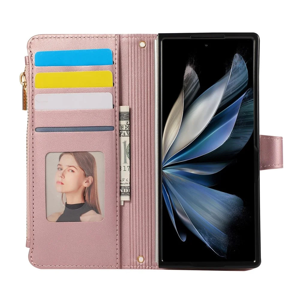 For Samsung Galaxy Z Fold8 Ultra Case Multi Card Slots Zipper Rhombus Leather Phone Cover with Wrist Strap - Rose Gold - 4