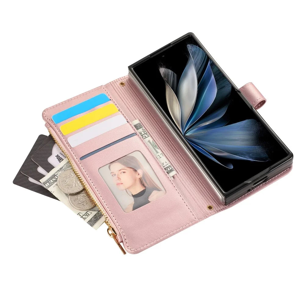 For Samsung Galaxy Z Fold8 Ultra Case Multi Card Slots Zipper Rhombus Leather Phone Cover with Wrist Strap - Rose Gold - 5