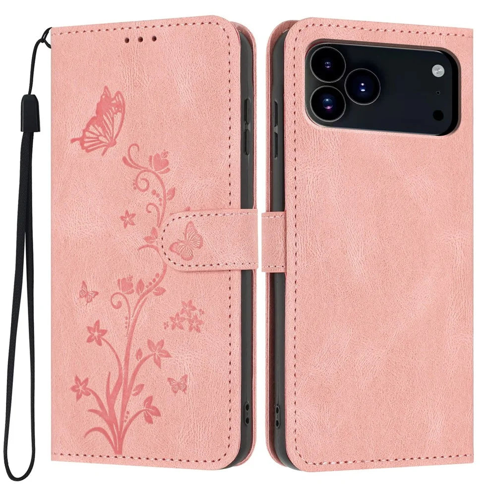 For iPhone 18 Pro Max / 17 Pro Max Wallet Case Butterfly Flower Imprint PU Leather Phone Cover with Wrist Strap - Pink - 1