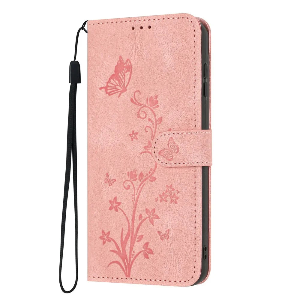 For Samsung Galaxy A37 5G Wallet Case Butterfly Flower Imprint PU Leather Phone Cover with Wrist Strap - Pink - 7