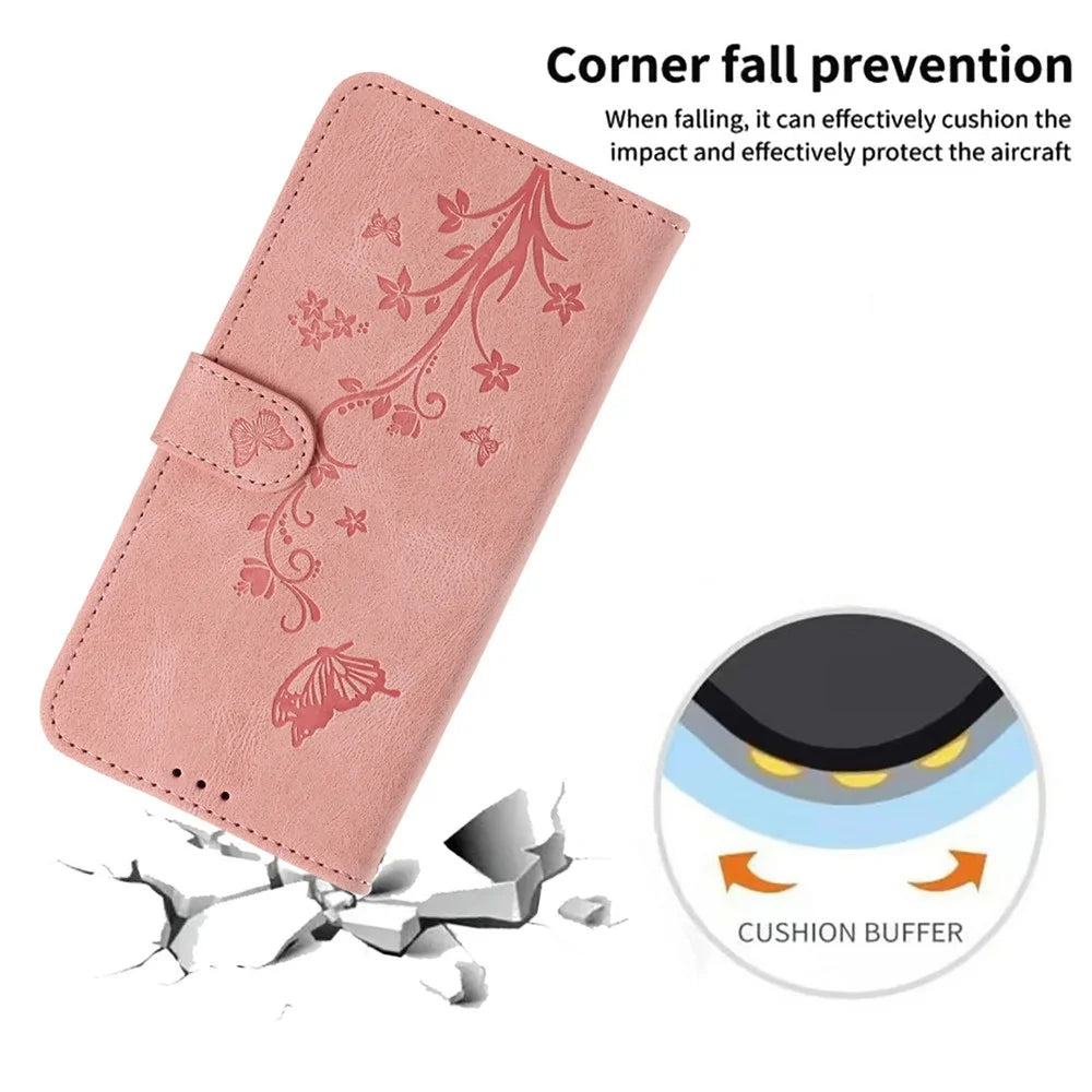 For Samsung Galaxy A16 5G / A16 4G Wallet Case Butterfly Flower Imprint PU Leather Phone Cover with Wrist Strap - Pink - 4