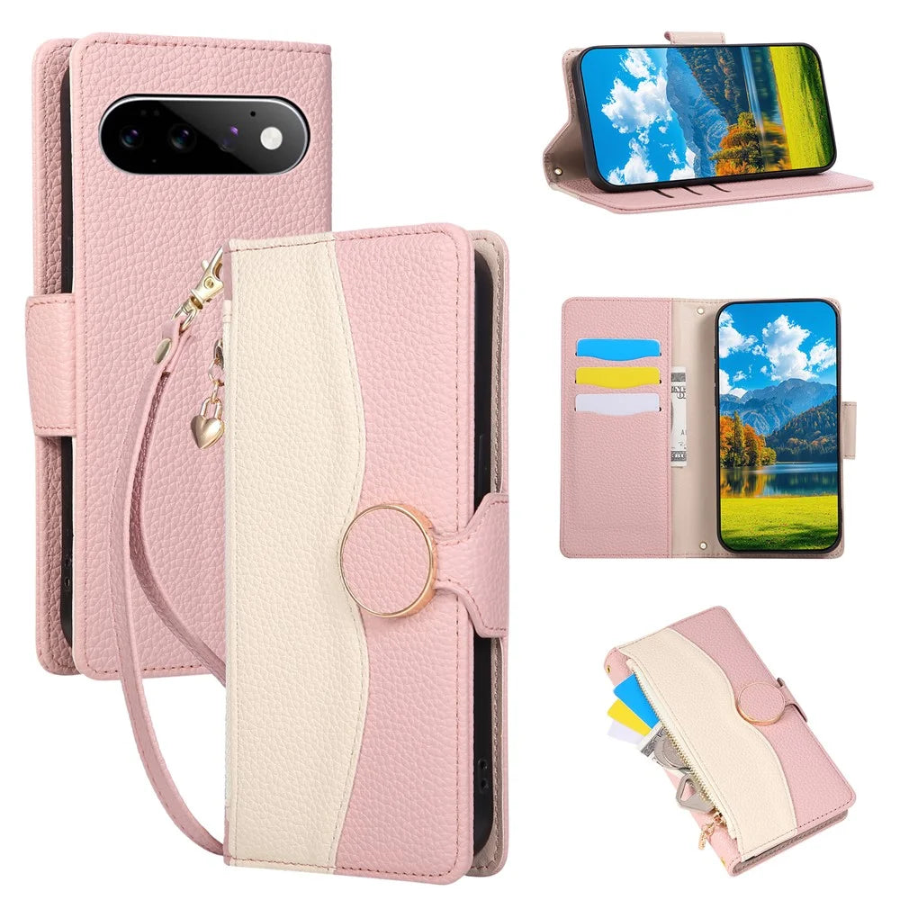 For Google Pixel 11 Pro XL Case Zipper Wallet Color Splicing TPU PU Leather Flip Phone Cover with Strap - Pink - 1