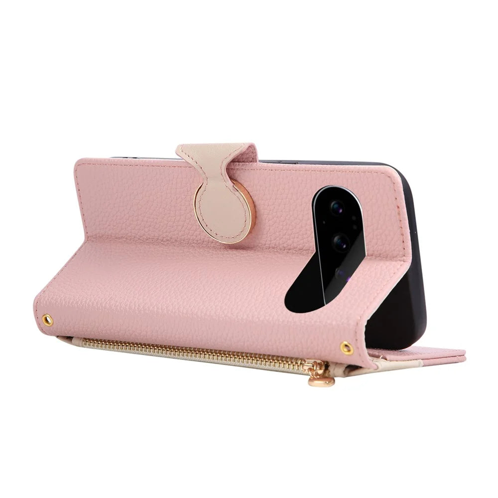 For Google Pixel 11 Pro XL Case Zipper Wallet Color Splicing TPU PU Leather Flip Phone Cover with Strap - Pink - 4