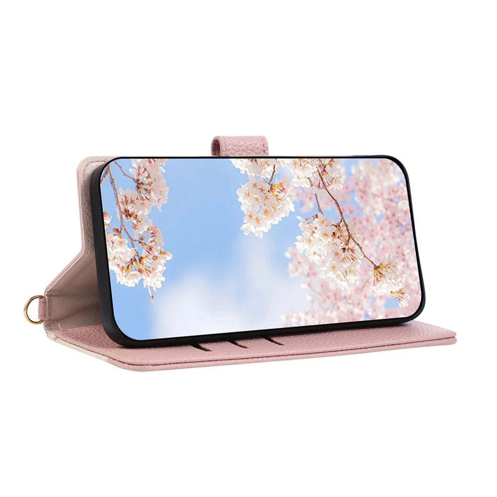 For Google Pixel 11 Wallet Case Triangular Splicing Zipper Leather Flip Cover with Wrist Strap - Pink - 3