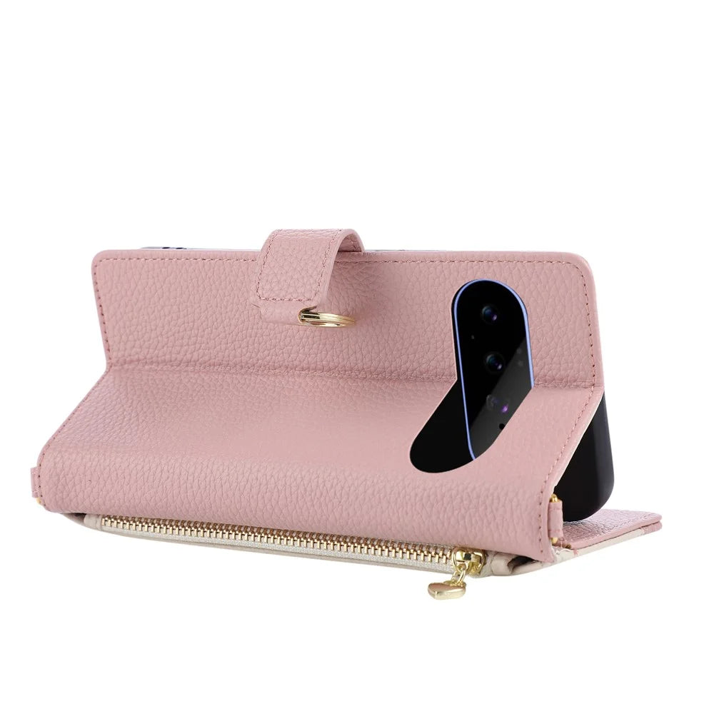 For Google Pixel 11 Wallet Case Triangular Splicing Zipper Leather Flip Cover with Wrist Strap - Pink - 4