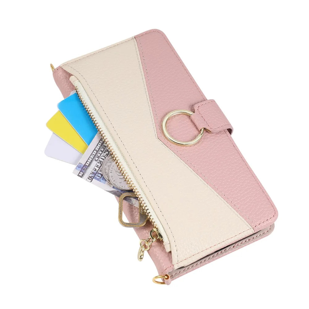 For Google Pixel 11 Wallet Case Triangular Splicing Zipper Leather Flip Cover with Wrist Strap - Pink - 5