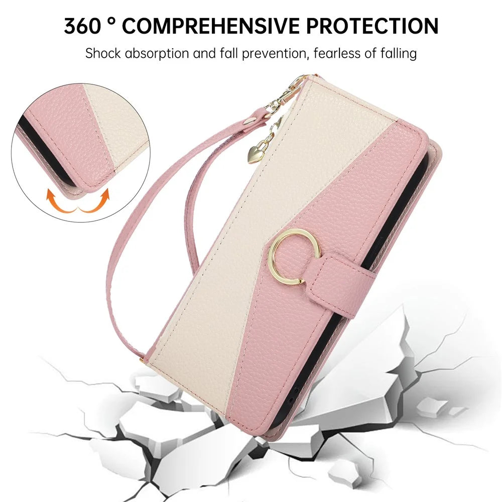 For Google Pixel 11 Wallet Case Triangular Splicing Zipper Leather Flip Cover with Wrist Strap - Pink - 6