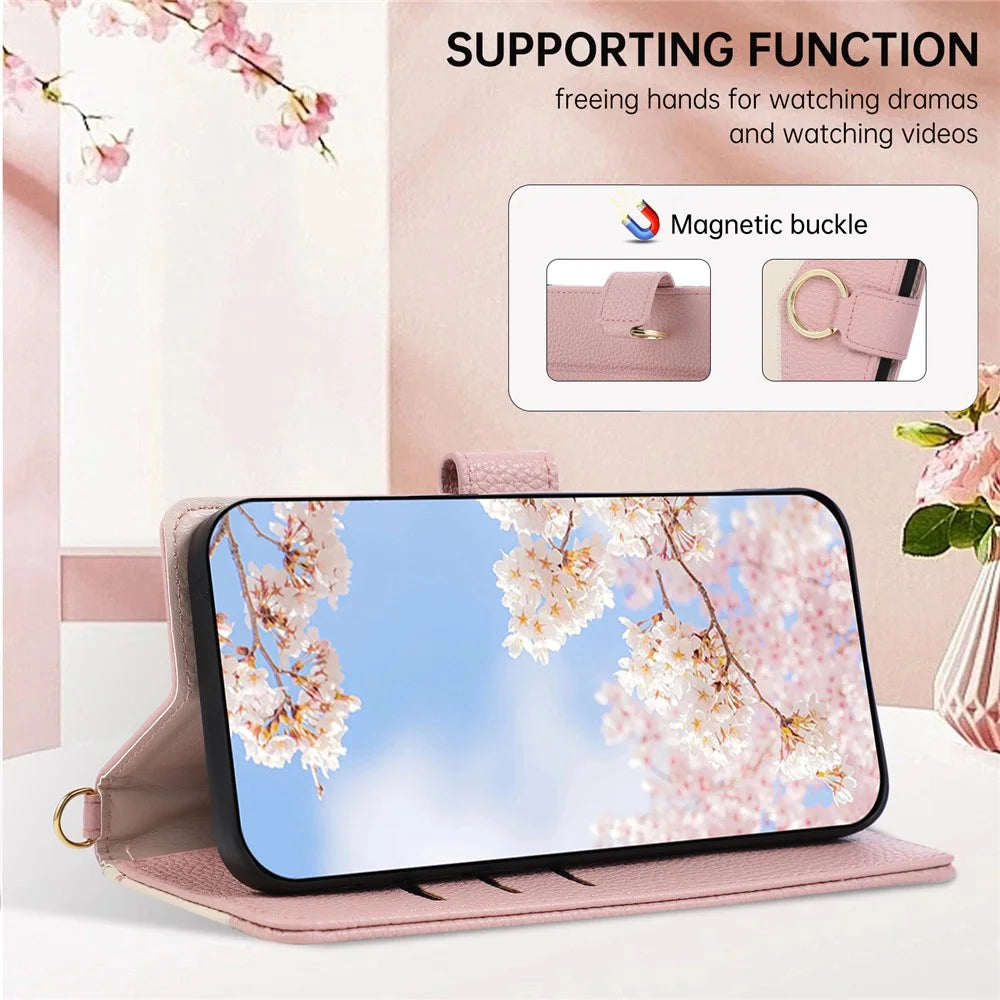For Google Pixel 11 Wallet Case Triangular Splicing Zipper Leather Flip Cover with Wrist Strap - Pink - 7
