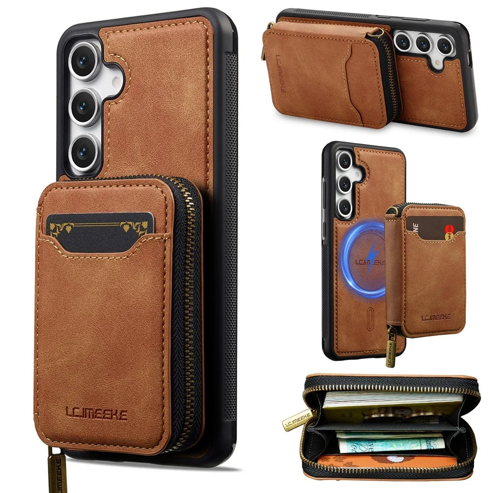LC.IMEEKE L6 For Samsung Galaxy S26 FE Magnetic Case Detachable Zipper Wallet Leather Coated PC + TPU Phone Cover - Brown - 1