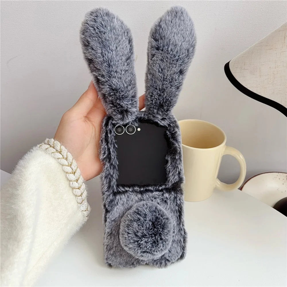 For Samsung Galaxy Z Flip8 Case Bunny Ears Winter Plush Hard PC Phone Cover - Dark Grey - 2