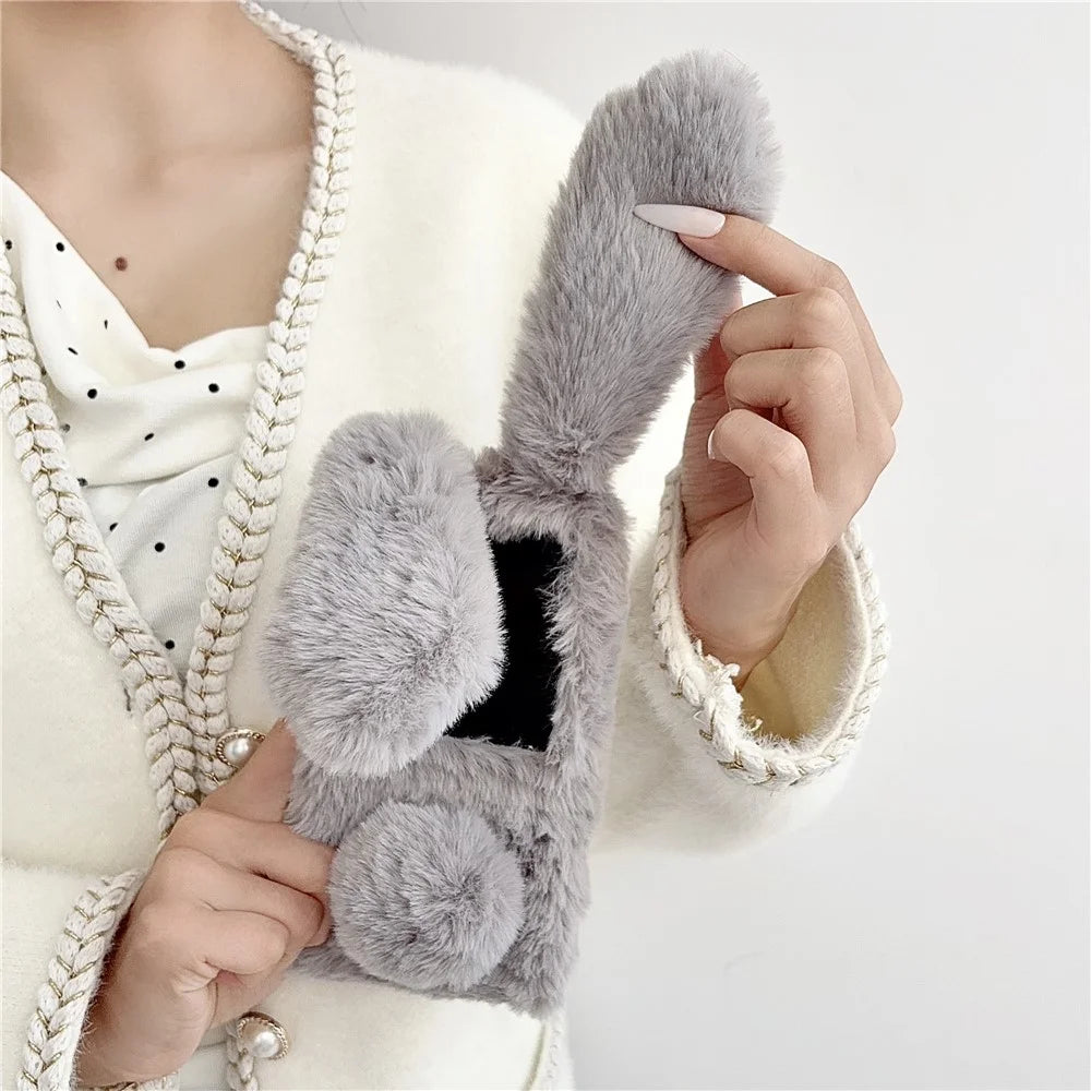 For Samsung Galaxy Z Flip8 Case Bunny Ears Winter Plush Hard PC Phone Cover - Dark Grey - 3