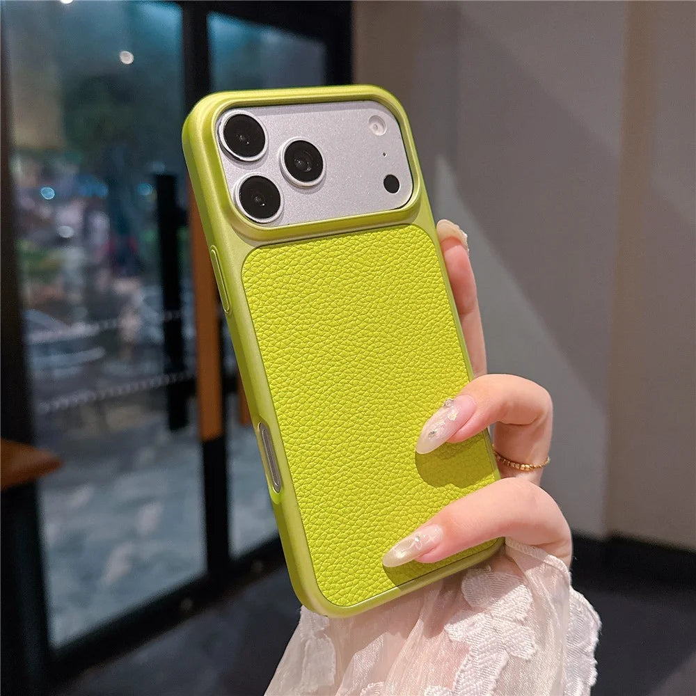 For iPhone 17 Pro Max Case Metal Paint Litchi Texture Leather Coated PC + TPU Protective Phone Cover - Lime Green - 2