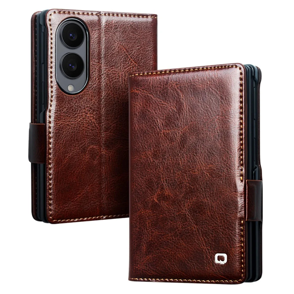 QIALINO For Samsung Galaxy Z Fold8 Case Genuine Cow Leather Stand Wallet Phone Cover - Brown - 1