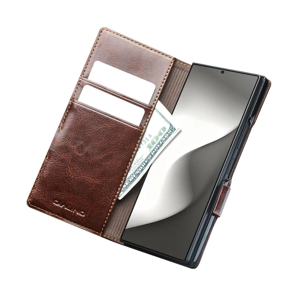QIALINO For Samsung Galaxy Z Fold8 Ultra Case Genuine Cow Leather Stand Wallet Phone Cover - Brown - 2