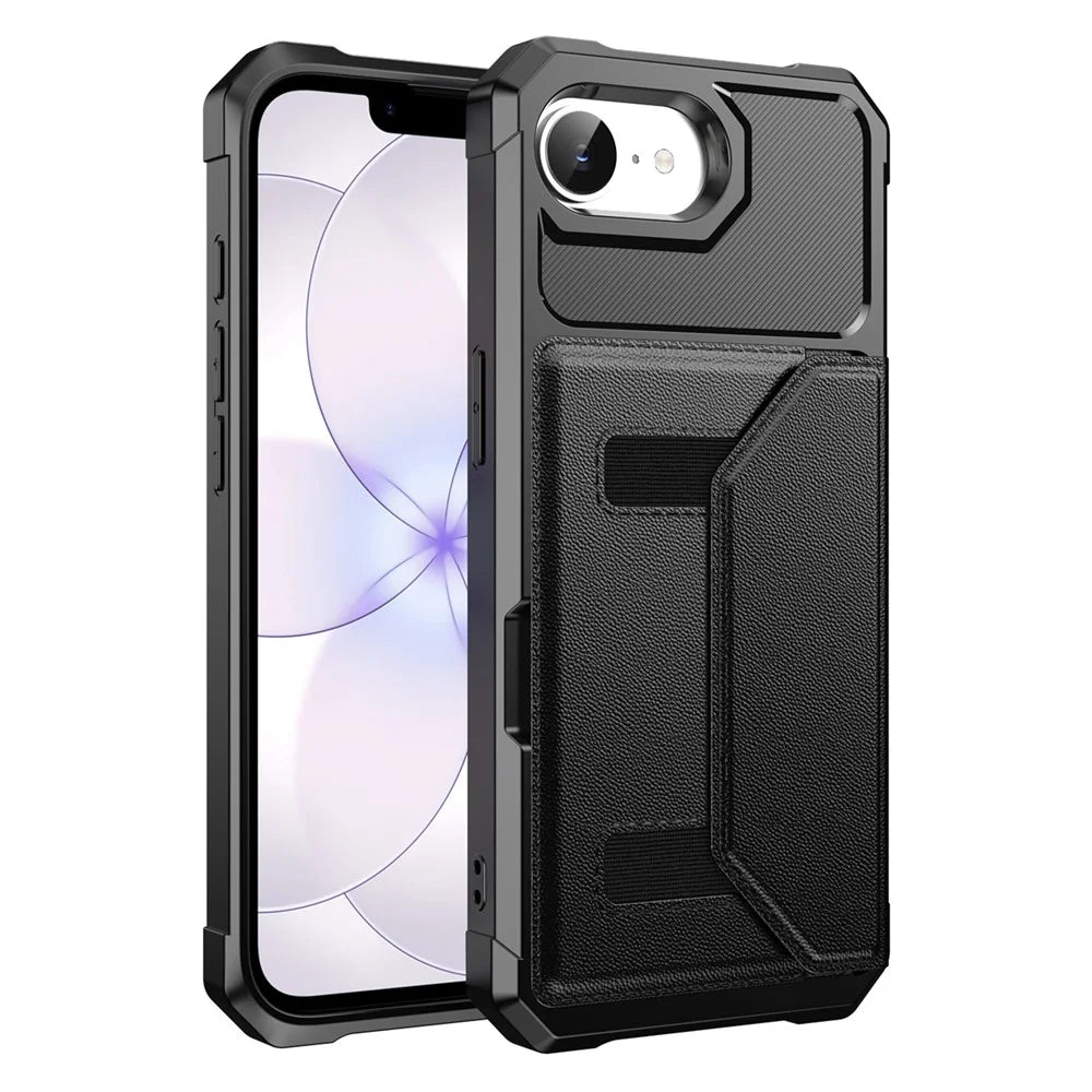 For iPhone 17e  /  16e Case Card Holder Leather + TPU Anti-drop Phone Cover - Black - 2