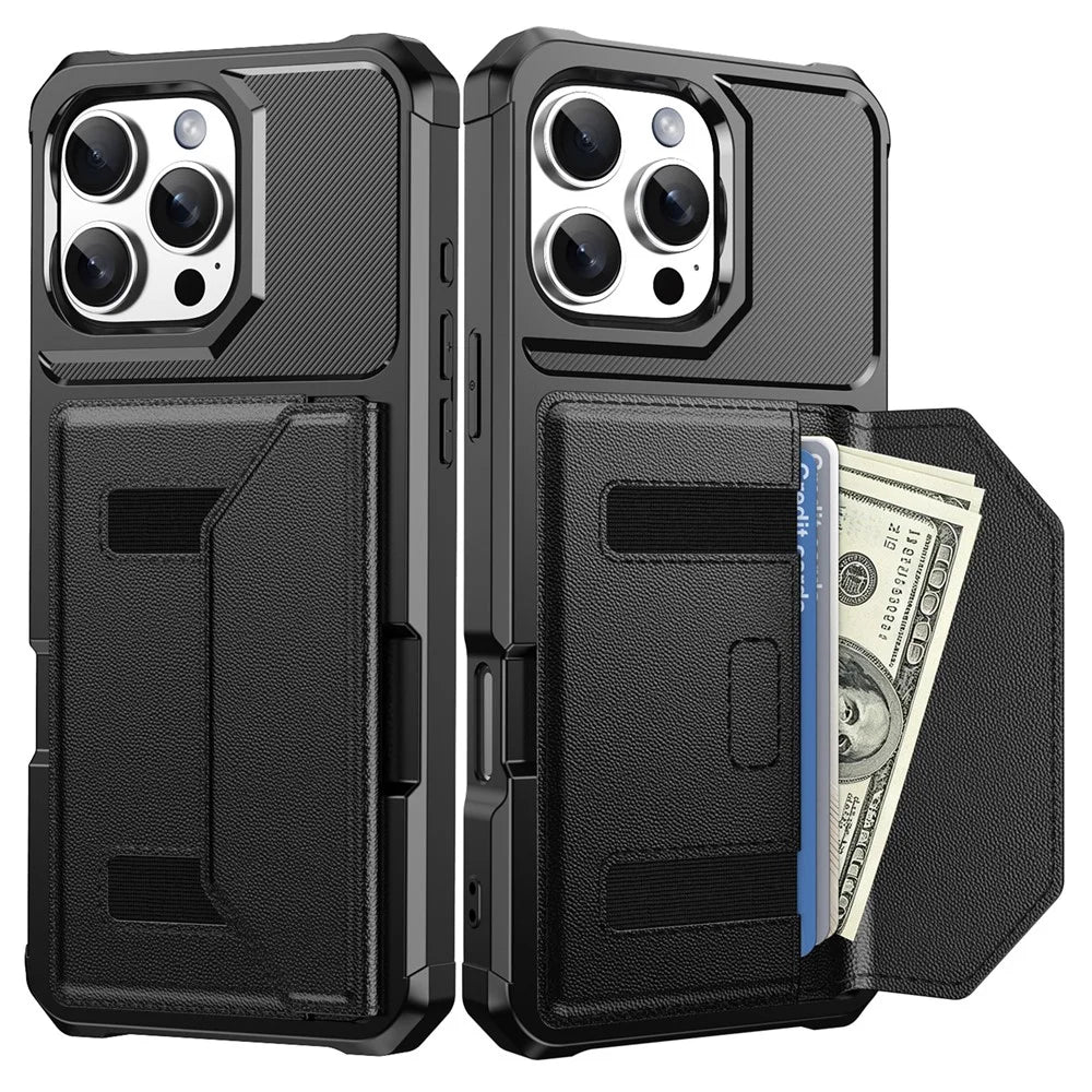 For iPhone 16 Pro Max Case Card Holder Leather + TPU Anti-drop Phone Cover - Black - 1