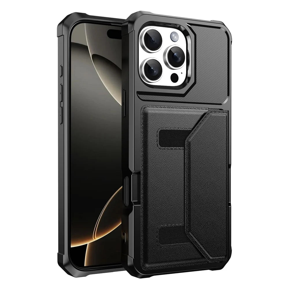 For iPhone 16 Pro Case Card Holder Leather + TPU Anti-drop Phone Cover - Black - 2