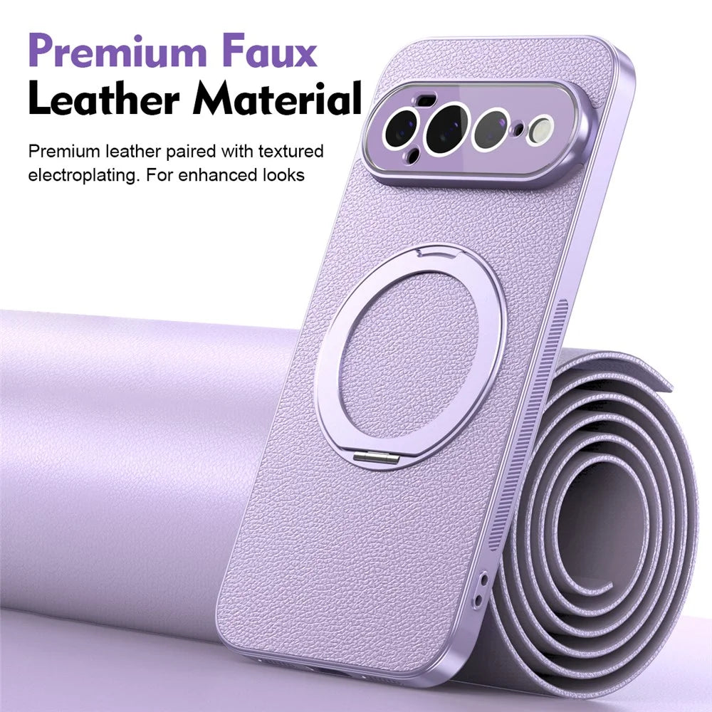 For Google Pixel 11 Pro Case Rotating Magnetic Kickstand Leather Anti-Slip Back Cover with Tempered Glass Screen Protector - Purple - 3