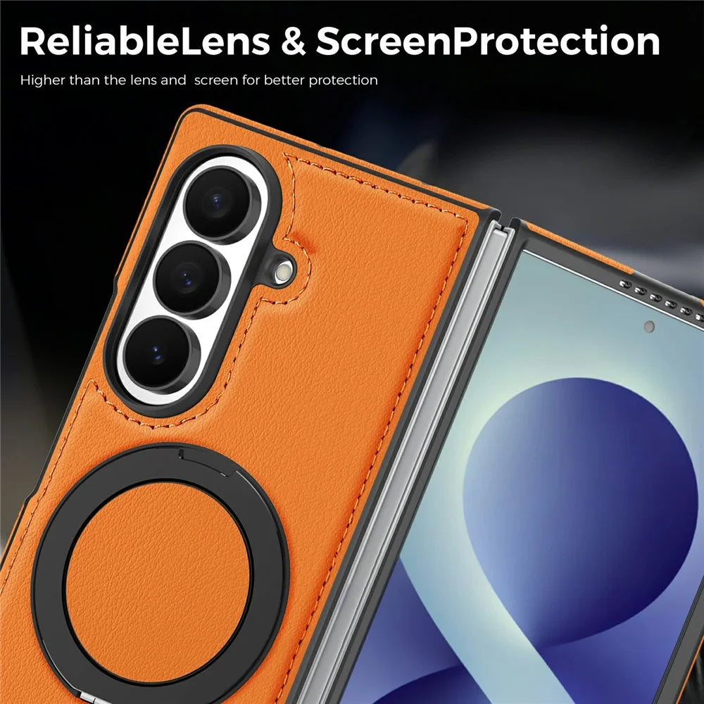 For Samsung Galaxy Z Fold8 Ultra Magnetic Case with Ring Kickstand PU Leather Back Cover - Orange - 6