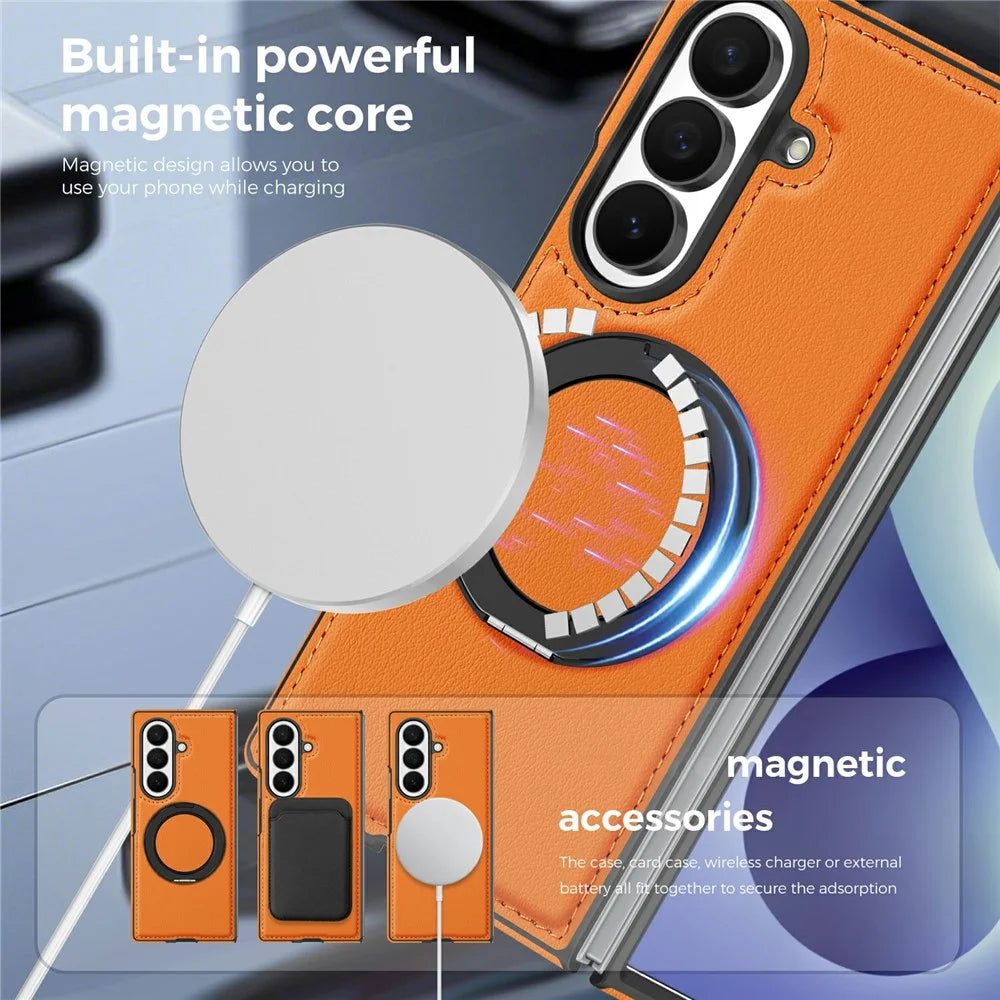 For Samsung Galaxy Z Fold8 Ultra Magnetic Case with Ring Kickstand PU Leather Back Cover - Orange - 7