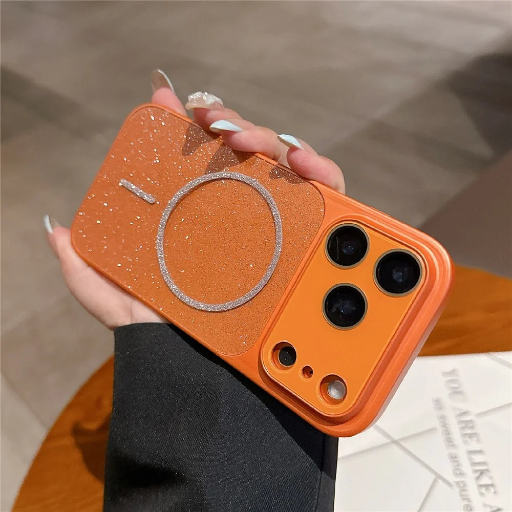 For iPhone 17 Pro Max Magnetic Case Glitter PU Leather Coated PC + TPU Shockproof Protective Cover - Orange - 2