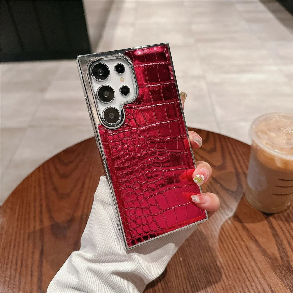 For Samsung Galaxy S26 Ultra Case Electroplated Crocodile Texture Shockproof Leather Back Cover - Red - 1