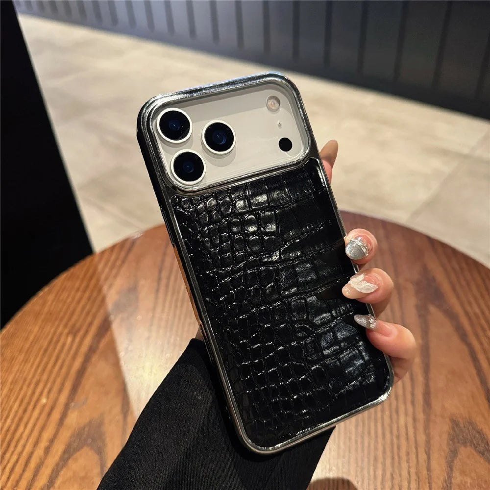 For iPhone 17 Pro Max Case Electroplated Crocodile Texture Shockproof Leather Back Cover - Black - 1