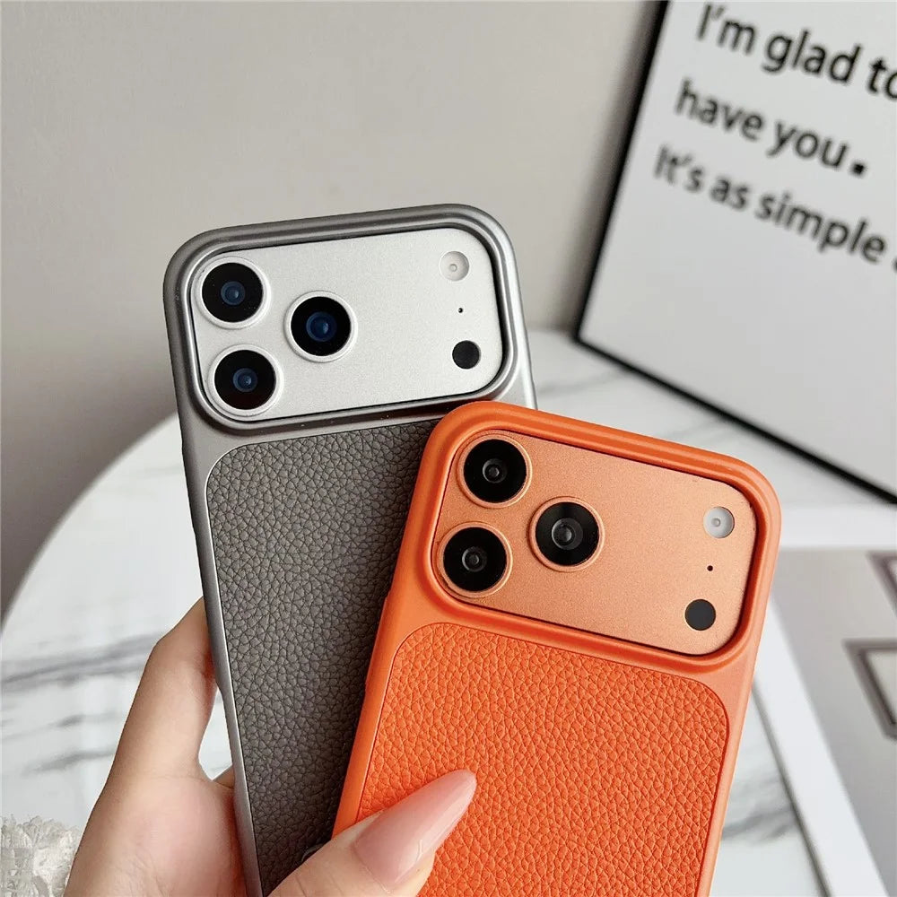 For iPhone 17 Pro Case Metal Paint Litchi Texture PU Leather Phone Back Cover with Wrist Strap - Orange - 2