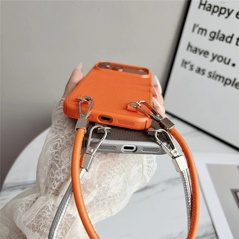 For iPhone 17 Pro Case Metal Paint Litchi Texture PU Leather Phone Back Cover with Wrist Strap - Orange - 4