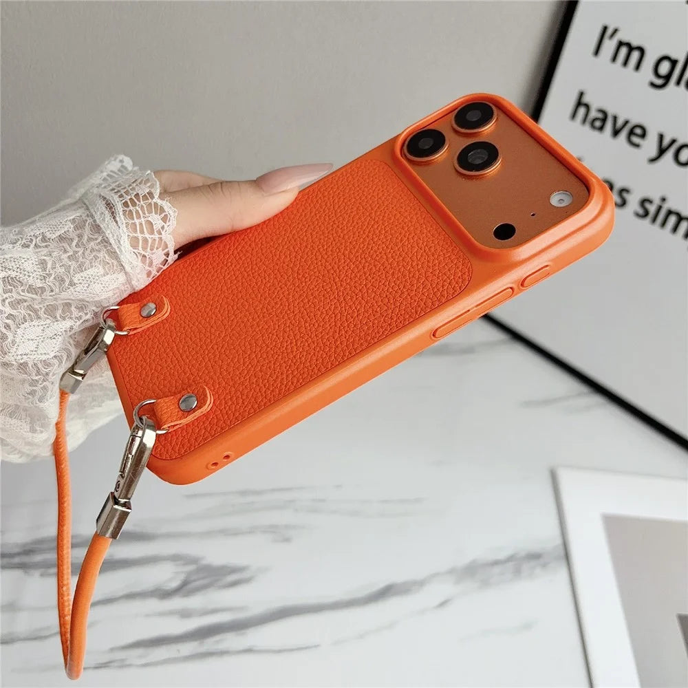 For iPhone 17 Pro Case Metal Paint Litchi Texture PU Leather Phone Back Cover with Wrist Strap - Orange - 5
