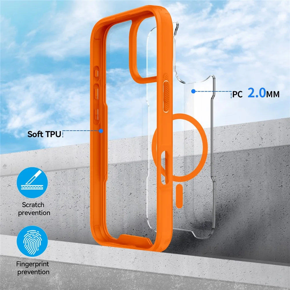 For iPhone 17 Magnetic Case TPU Frame Clear PC Back Anti-drop Phone Cover - Orange - 7