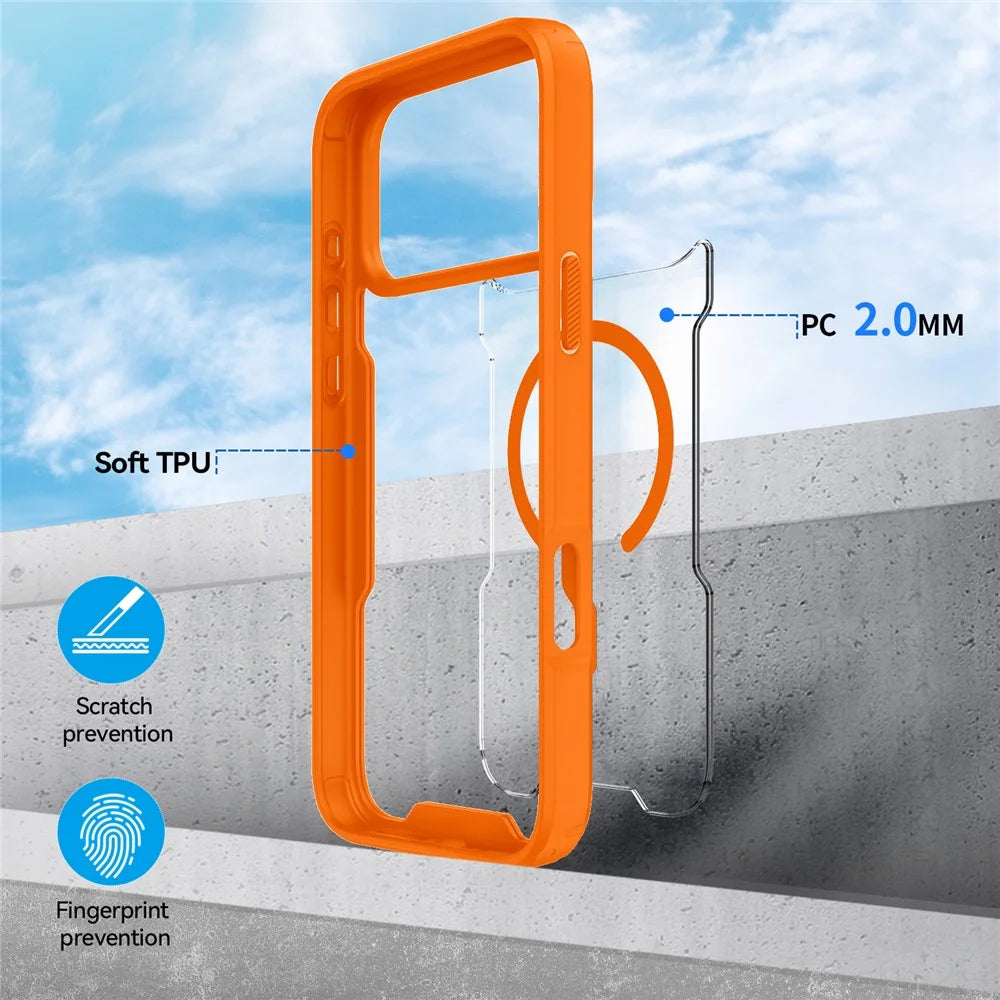For iPhone 17 Pro Max  /  18 Pro Max Magnetic Case TPU Frame Clear PC Back Anti-drop Phone Cover - Orange - 5