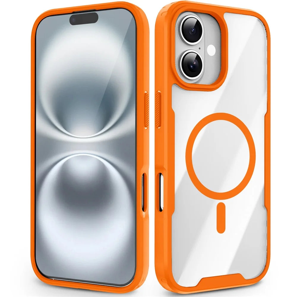 For iPhone 16 Magnetic Case TPU Frame Clear PC Back Anti-drop Phone Cover - Orange - 1