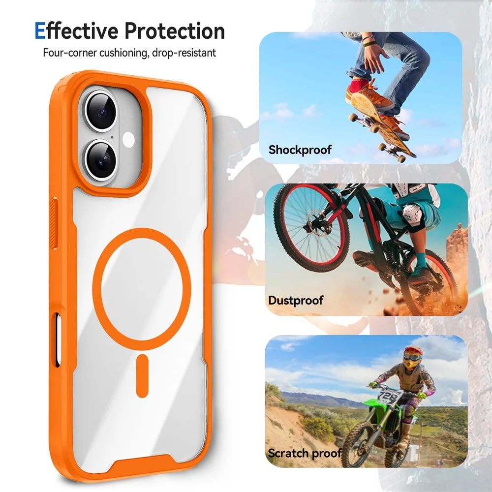 For iPhone 16 Magnetic Case TPU Frame Clear PC Back Anti-drop Phone Cover - Orange - 4
