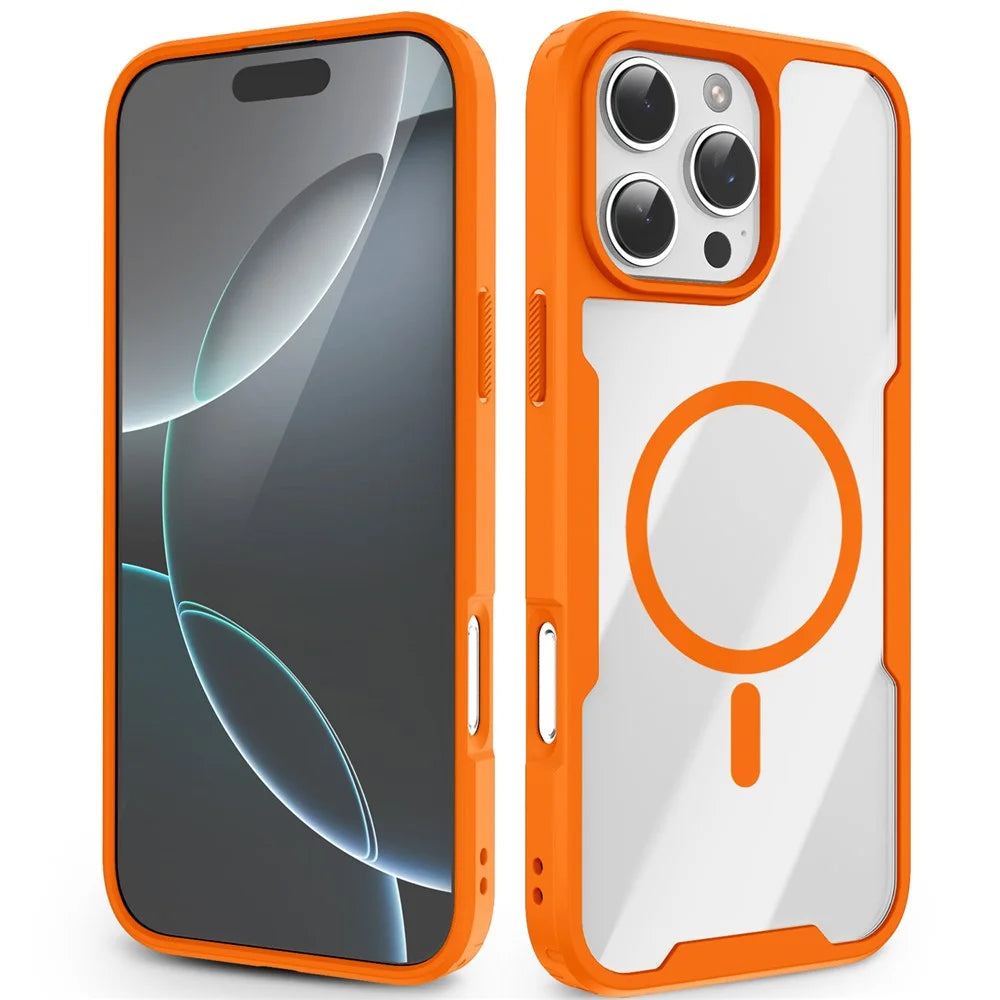 For iPhone 16 Pro Magnetic Case TPU Frame Clear PC Back Anti-drop Phone Cover - Orange - 1