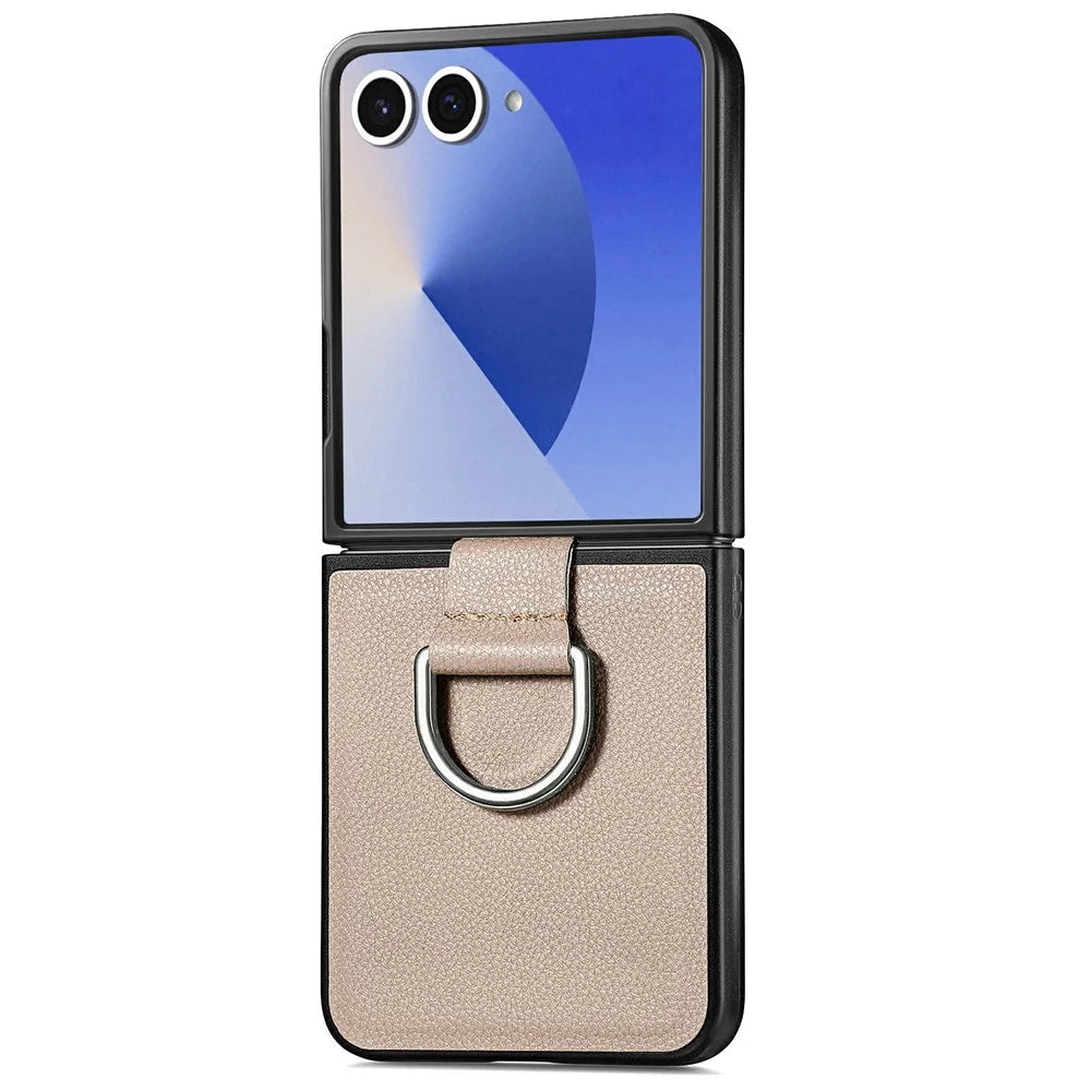 For Samsung Galaxy Z Flip8 Case Litchi Texture Leather + Pc Phone Cover with Ring Holder - Khaki - 1
